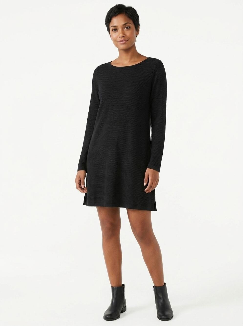 J.Jill Black Textured Knit Boat Neck A-Line Sweater Dress Women Size M